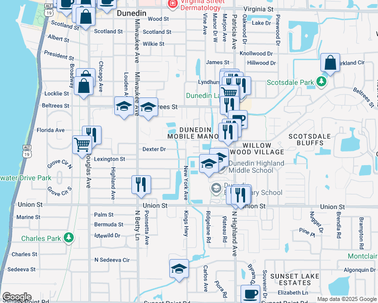 map of restaurants, bars, coffee shops, grocery stores, and more near 161 New York Avenue in Dunedin