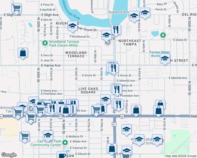 map of restaurants, bars, coffee shops, grocery stores, and more near 6011 North 39th Street in Tampa