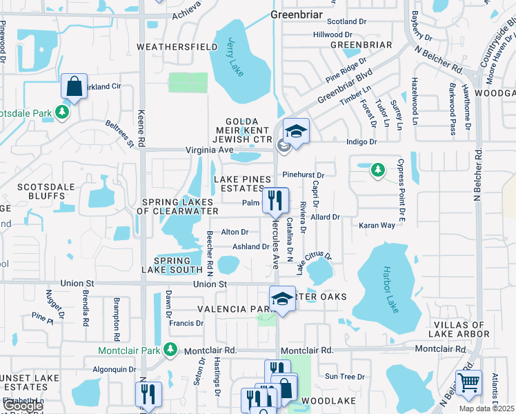 map of restaurants, bars, coffee shops, grocery stores, and more near 1936 Palm Drive in Clearwater