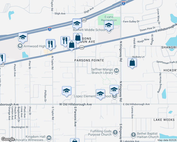 map of restaurants, bars, coffee shops, grocery stores, and more near 502 Magnolia Pointe Court in Seffner