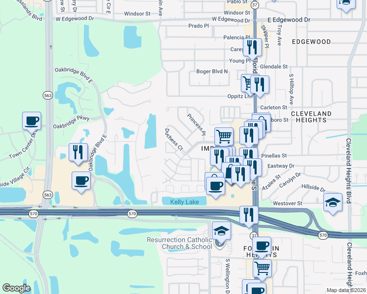 map of restaurants, bars, coffee shops, grocery stores, and more near 423 Duchess Drive in Lakeland