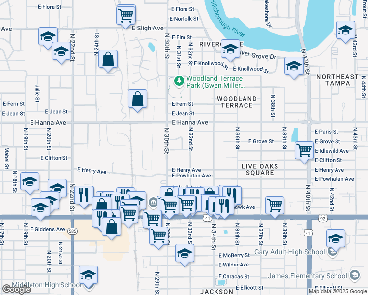 map of restaurants, bars, coffee shops, grocery stores, and more near 3016 East Idlewild Avenue in Tampa