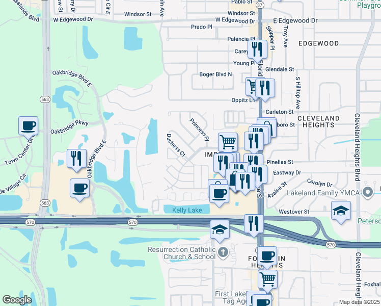map of restaurants, bars, coffee shops, grocery stores, and more near 418 Duchess Drive in Lakeland