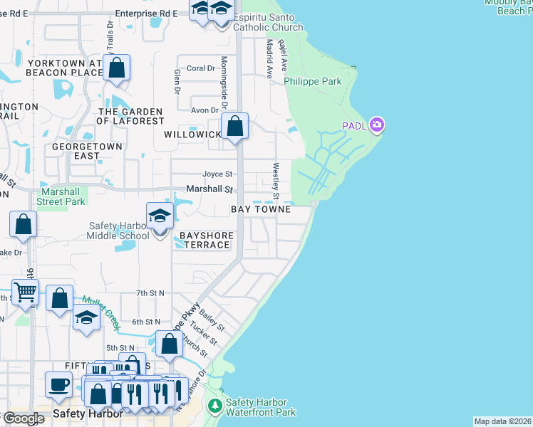 map of restaurants, bars, coffee shops, grocery stores, and more near 341 Bay Place in Safety Harbor