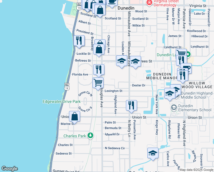 map of restaurants, bars, coffee shops, grocery stores, and more near 223 Douglas Ave in Dunedin