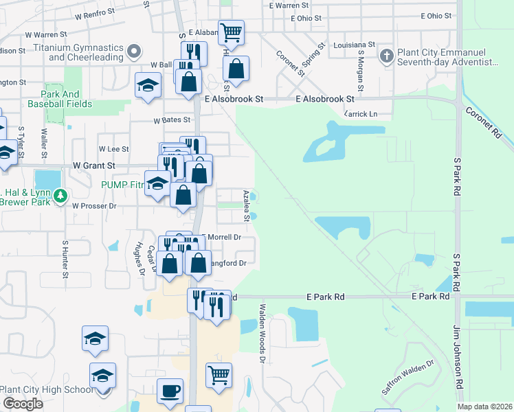 map of restaurants, bars, coffee shops, grocery stores, and more near 1502 Azalea Street in Plant City