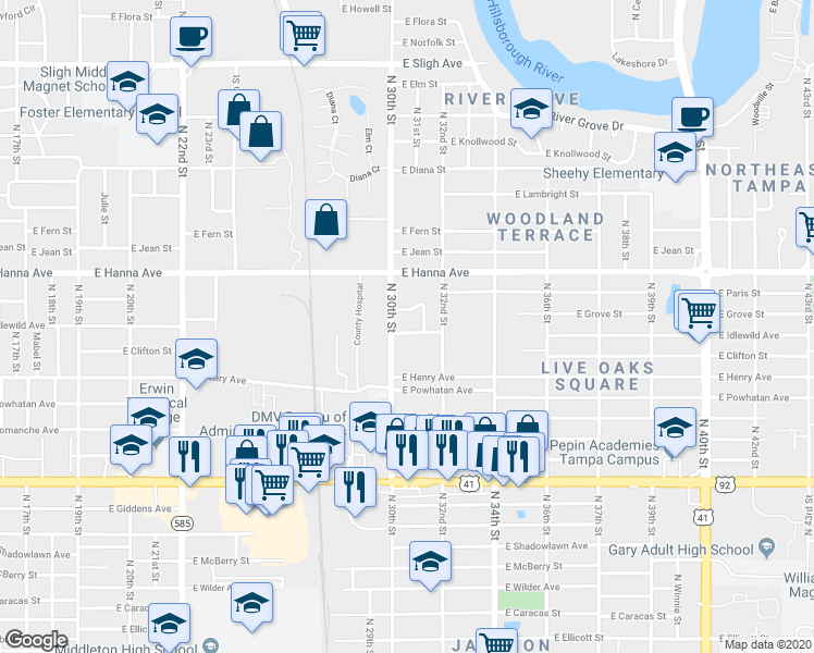 map of restaurants, bars, coffee shops, grocery stores, and more near 3006 East Idlewild Avenue in Tampa