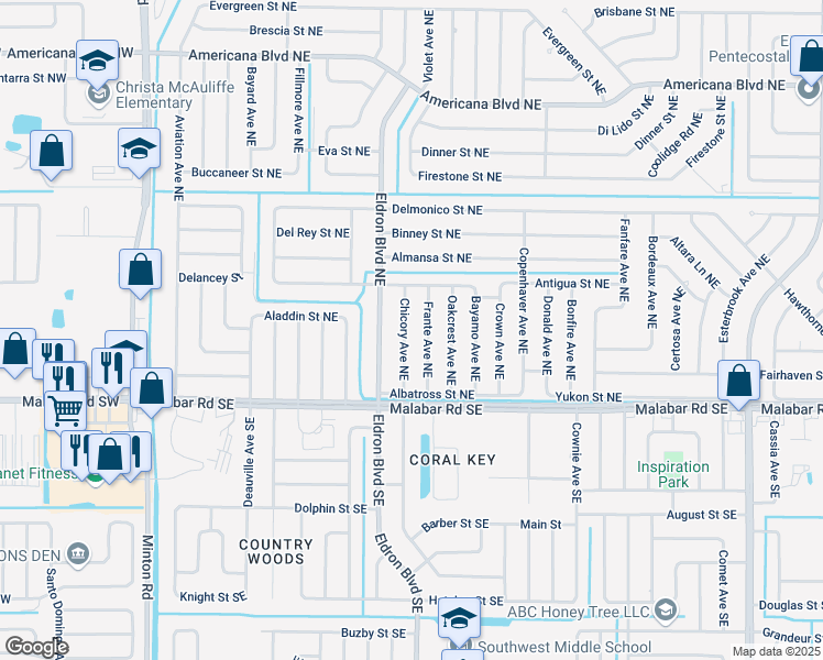 map of restaurants, bars, coffee shops, grocery stores, and more near 176 Frante Avenue Northeast in Palm Bay