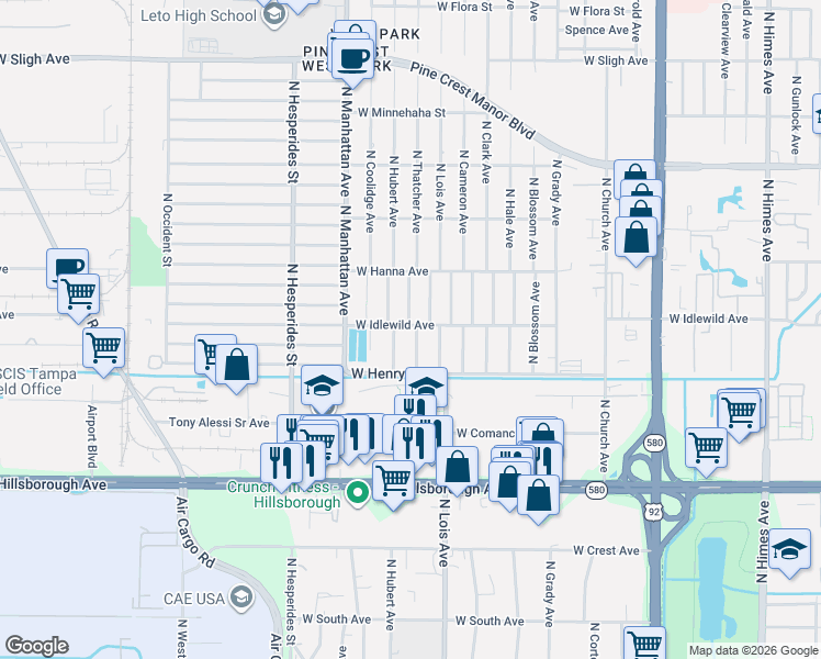 map of restaurants, bars, coffee shops, grocery stores, and more near 6004 North Thatcher Avenue in Tampa