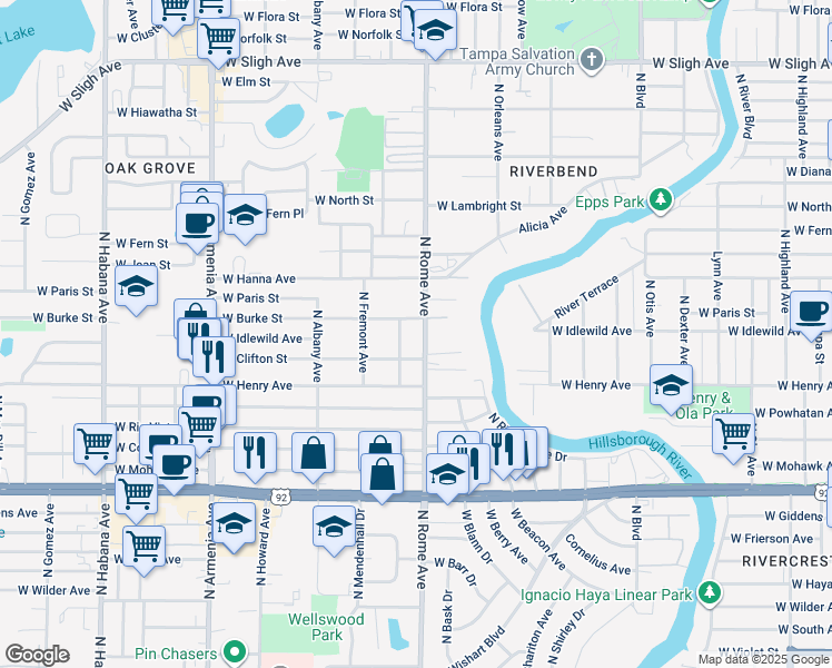 map of restaurants, bars, coffee shops, grocery stores, and more near 5927 North Rome Avenue in Tampa