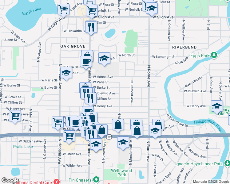 map of restaurants, bars, coffee shops, grocery stores, and more near 2102 West Burke Street in Tampa