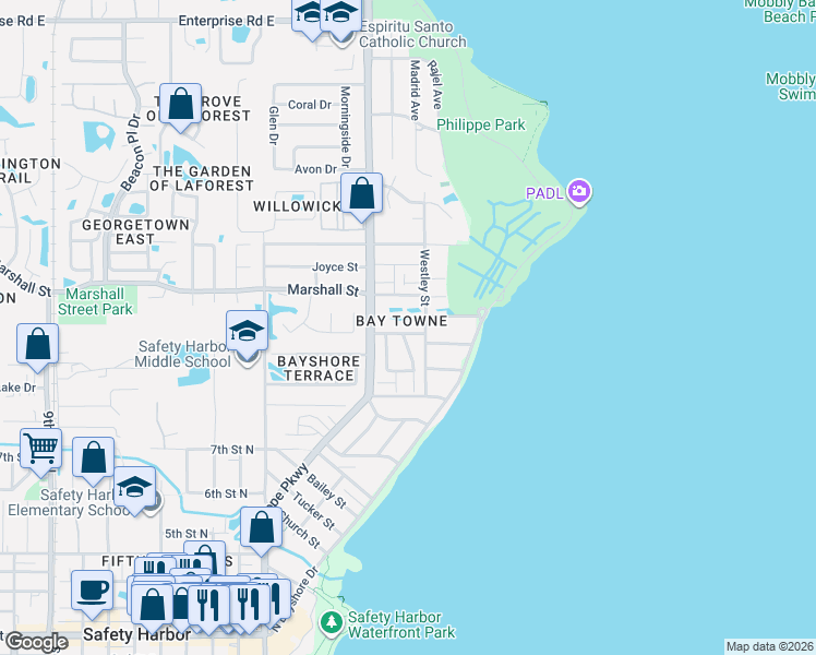 map of restaurants, bars, coffee shops, grocery stores, and more near in Safety Harbor
