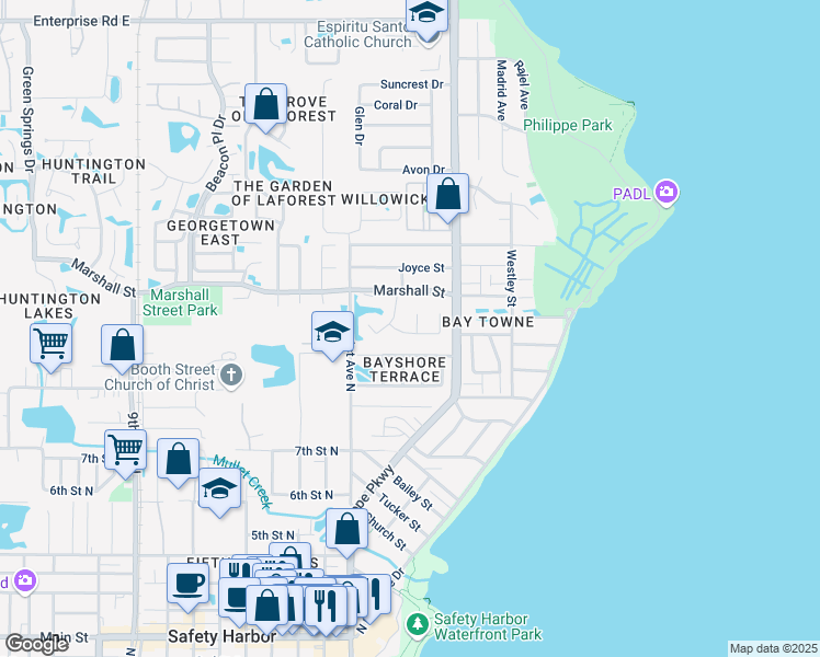 map of restaurants, bars, coffee shops, grocery stores, and more near 1414 Wickford Street in Safety Harbor