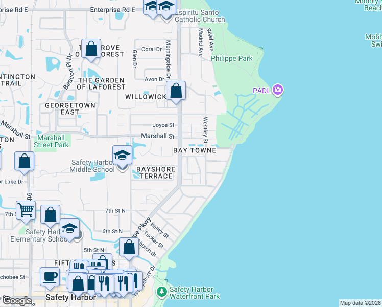 map of restaurants, bars, coffee shops, grocery stores, and more near in Safety Harbor