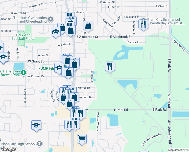 map of restaurants, bars, coffee shops, grocery stores, and more near 1502 Azalea Street in Plant City