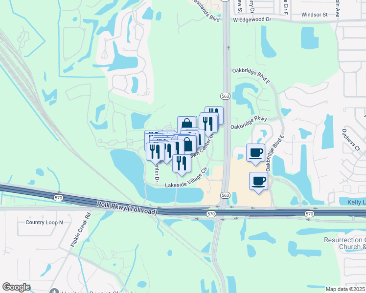 map of restaurants, bars, coffee shops, grocery stores, and more near 1401 Town Center Drive in Lakeland