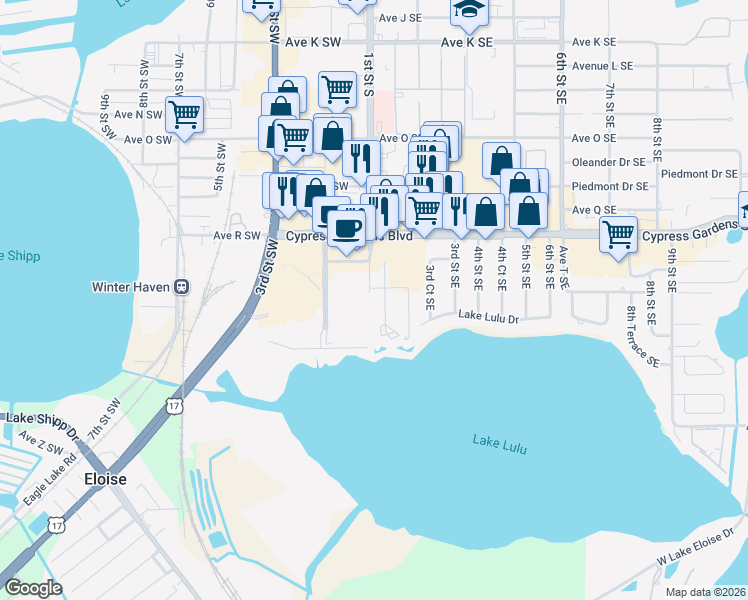 map of restaurants, bars, coffee shops, grocery stores, and more near 2037 San Marcos Drive Southeast in Winter Haven