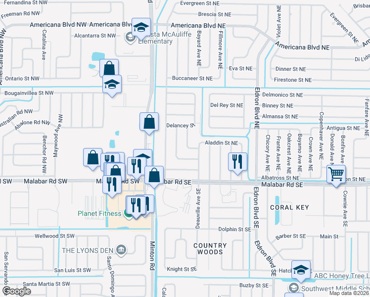 map of restaurants, bars, coffee shops, grocery stores, and more near 239 Dorado Avenue Northeast in Palm Bay