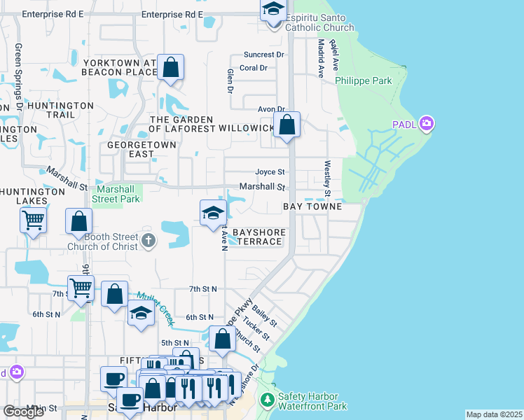 map of restaurants, bars, coffee shops, grocery stores, and more near 1414 Wickford Street in Safety Harbor