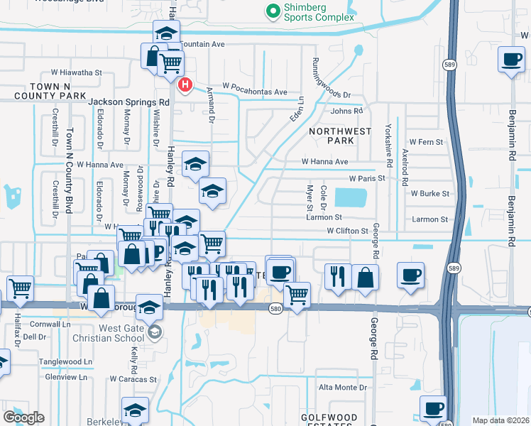 map of restaurants, bars, coffee shops, grocery stores, and more near 6903 Larmon Street in Tampa