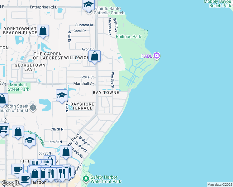 map of restaurants, bars, coffee shops, grocery stores, and more near 404 East Marshall Street in Safety Harbor