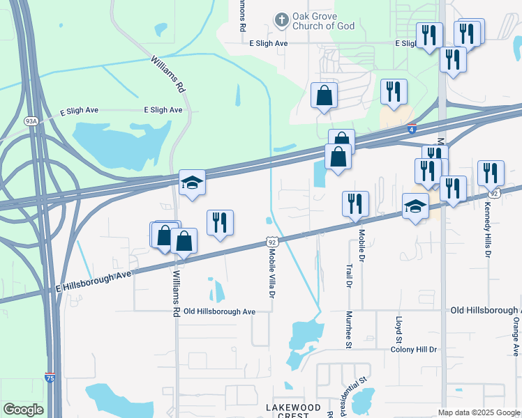 map of restaurants, bars, coffee shops, grocery stores, and more near 11110 U.S. 92 in Seffner