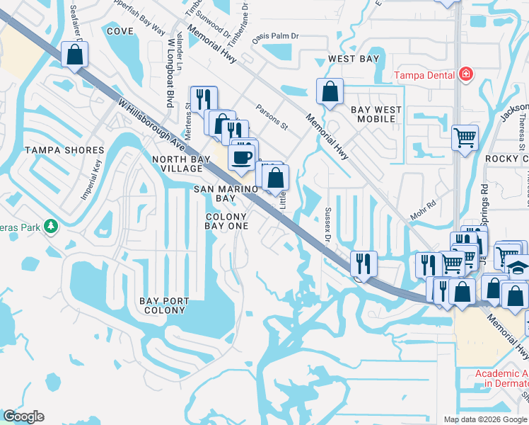 map of restaurants, bars, coffee shops, grocery stores, and more near 9735 West Hillsborough Avenue in Tampa