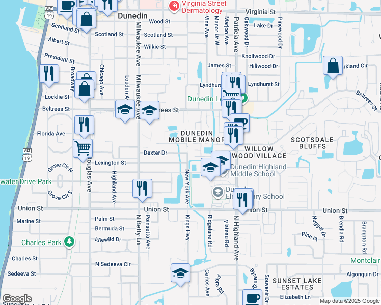 map of restaurants, bars, coffee shops, grocery stores, and more near 161 New York Avenue in Dunedin