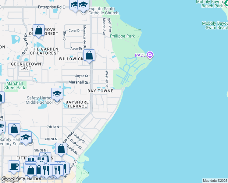 map of restaurants, bars, coffee shops, grocery stores, and more near 404 East Marshall Street in Safety Harbor