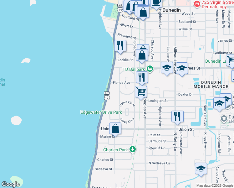 map of restaurants, bars, coffee shops, grocery stores, and more near 235 Edgewater Drive in Dunedin