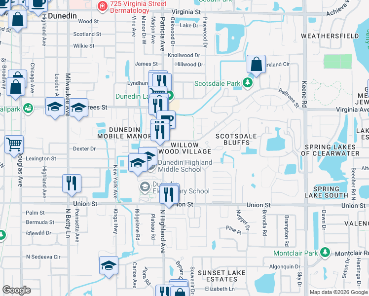 map of restaurants, bars, coffee shops, grocery stores, and more near 156 Devon Court in Dunedin