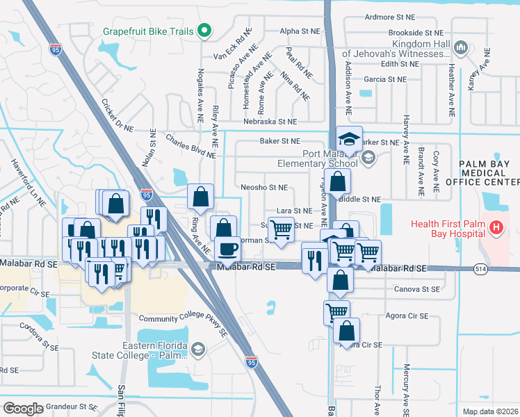 map of restaurants, bars, coffee shops, grocery stores, and more near 256 Roman Avenue Northeast in Palm Bay