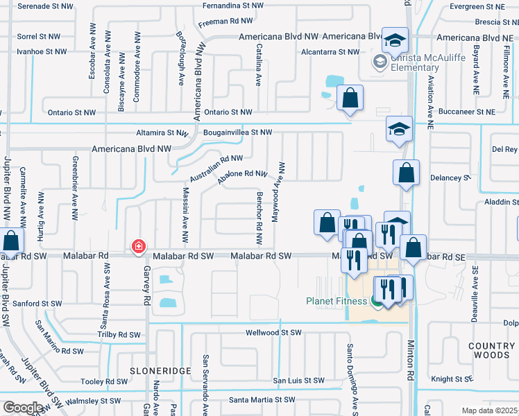 map of restaurants, bars, coffee shops, grocery stores, and more near 184 Benchor Road Northwest in Palm Bay