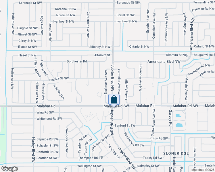 map of restaurants, bars, coffee shops, grocery stores, and more near 1580 Jupiter Boulevard Southwest in Palm Bay