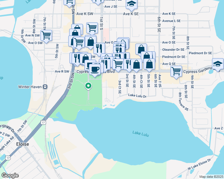 map of restaurants, bars, coffee shops, grocery stores, and more near 2065 Isle Royal Court Southeast in Winter Haven