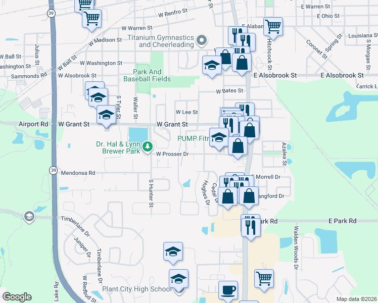map of restaurants, bars, coffee shops, grocery stores, and more near 305 Citrus Landing Drive in Plant City