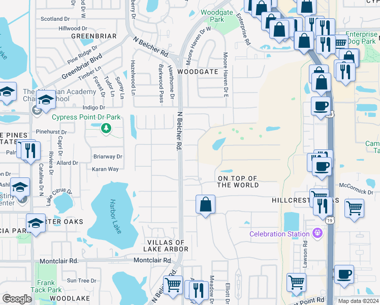 map of restaurants, bars, coffee shops, grocery stores, and more near 2351 Irish Lane in Clearwater