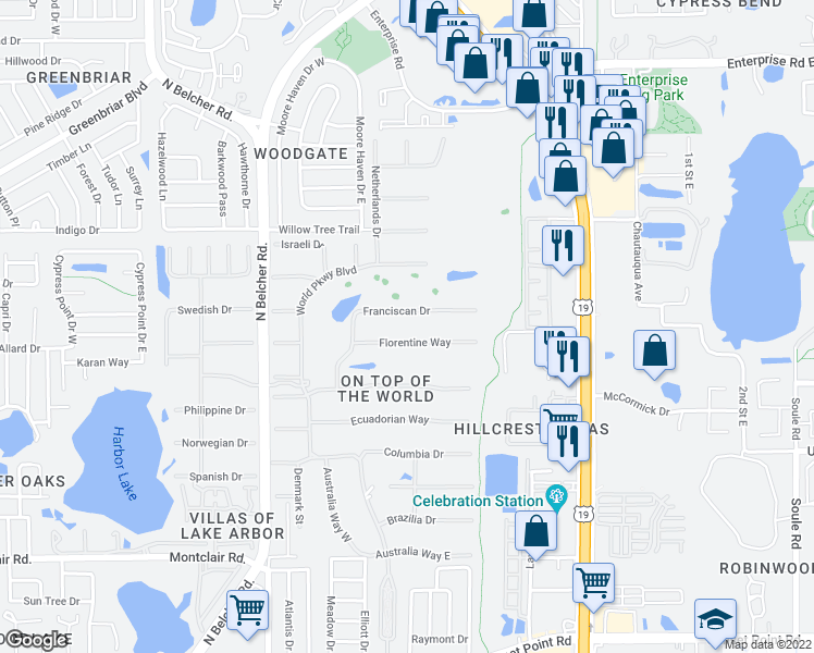map of restaurants, bars, coffee shops, grocery stores, and more near 2431 Franciscan Drive in Clearwater