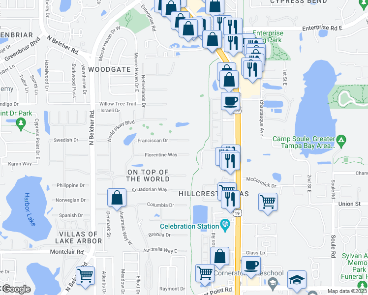 map of restaurants, bars, coffee shops, grocery stores, and more near 2469 Franciscan Drive in Clearwater