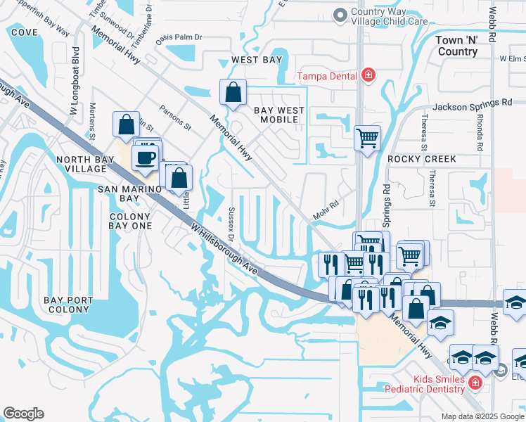 map of restaurants, bars, coffee shops, grocery stores, and more near 5832 Portsmouth Drive in Tampa