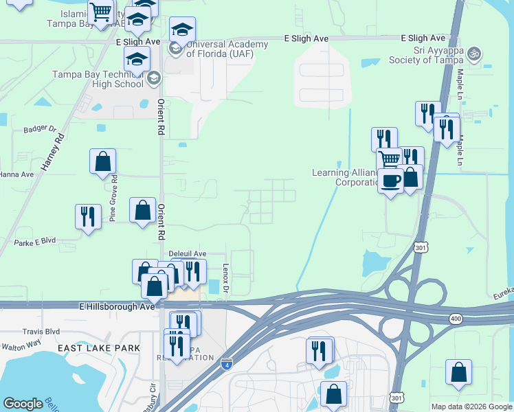 map of restaurants, bars, coffee shops, grocery stores, and more near 8010 Down Royal Road in Tampa