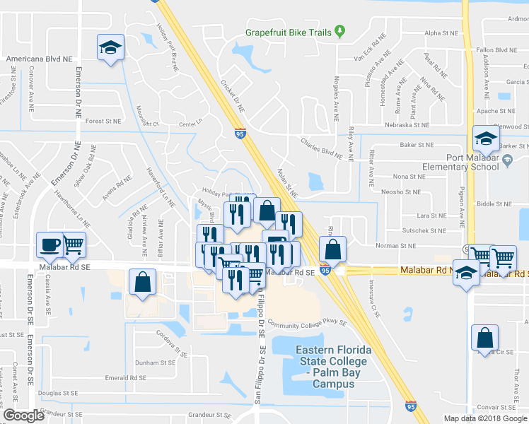 map of restaurants, bars, coffee shops, grocery stores, and more near 211 Interchange Drive Northeast in Palm Bay