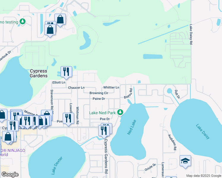 map of restaurants, bars, coffee shops, grocery stores, and more near 108 Whittier Lane in Winter Haven