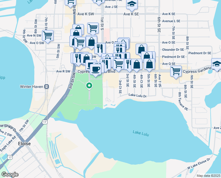 map of restaurants, bars, coffee shops, grocery stores, and more near 200 Cypress Gardens Boulevard in Winter Haven