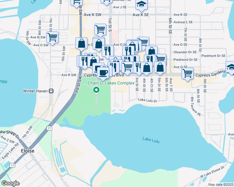 map of restaurants, bars, coffee shops, grocery stores, and more near 200 Cypress Gardens Boulevard in Winter Haven