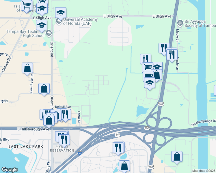 map of restaurants, bars, coffee shops, grocery stores, and more near 8212 Down Royal Road in Tampa