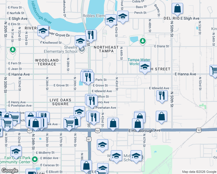 map of restaurants, bars, coffee shops, grocery stores, and more near 4206 East Grove Street in Tampa