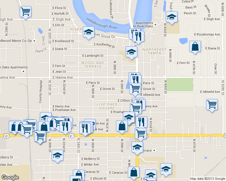 map of restaurants, bars, coffee shops, grocery stores, and more near 3710 East Grove Street in Tampa