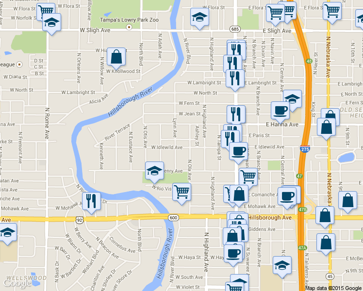 map of restaurants, bars, coffee shops, grocery stores, and more near 404 West Paris Street in Tampa