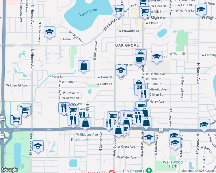 map of restaurants, bars, coffee shops, grocery stores, and more near 2910 West Burke Street in Tampa